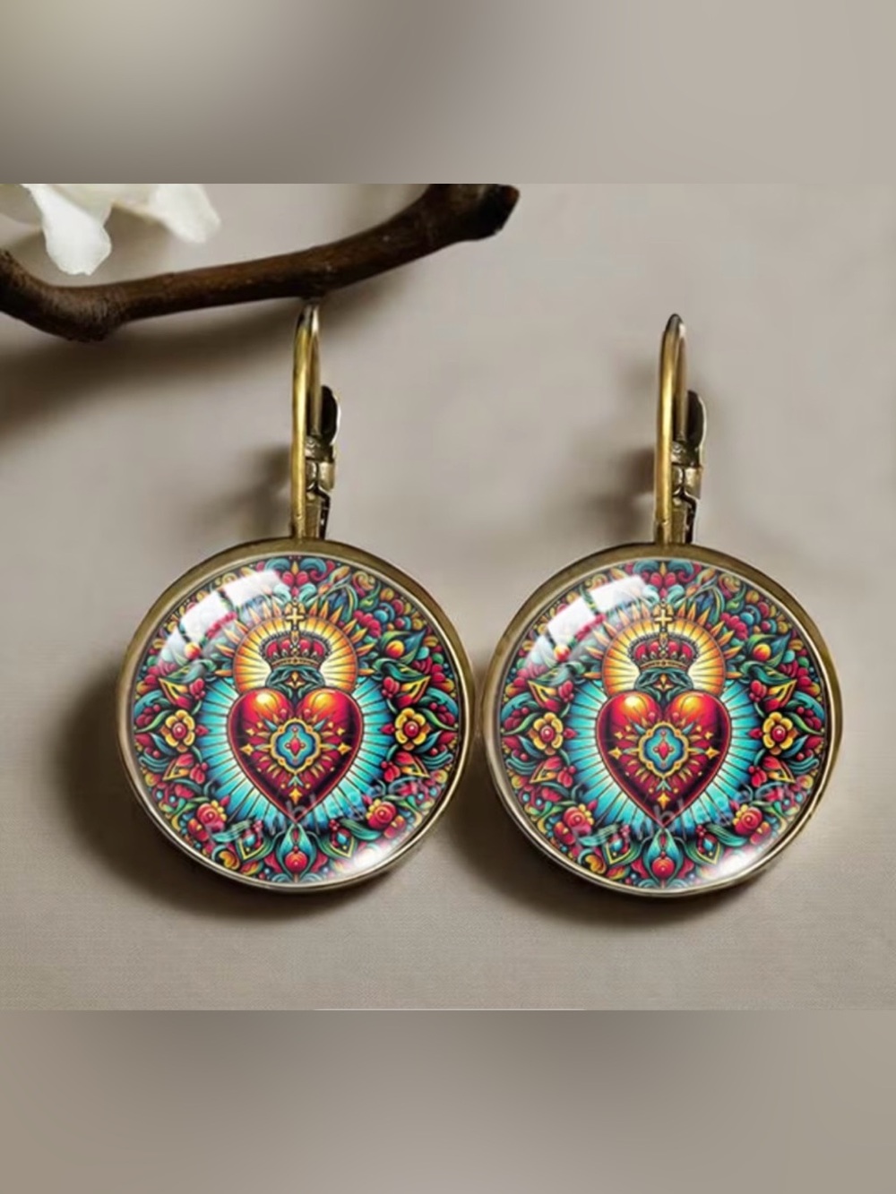 Sacred Heart Drop Earrings in Red and Turquoise